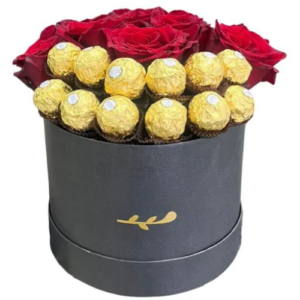 Caja pote black con rosas rojas y bombones de chocolate rocher